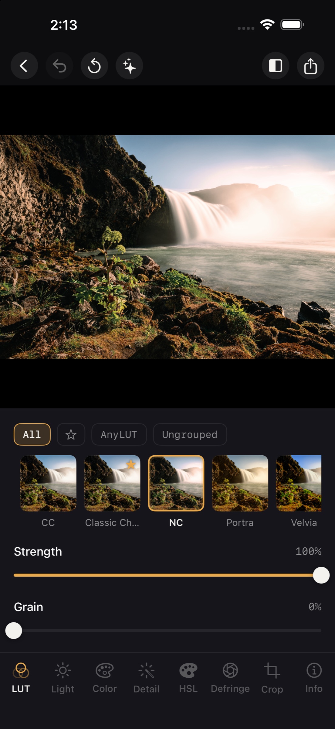 AnyLUTの編集画面(英語表示):滝の写真、LUTのプレビュー、強さのコントロール